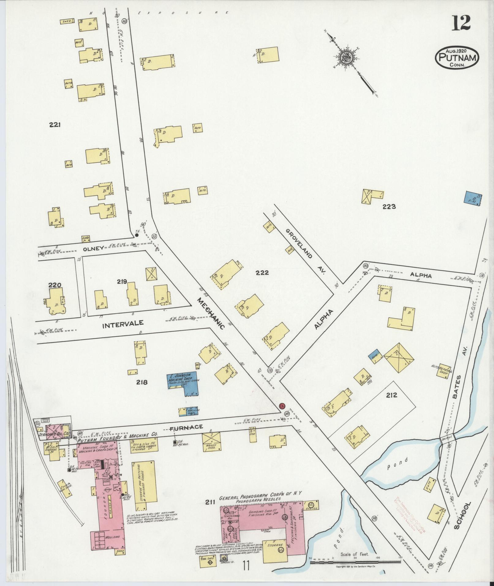 Sanborn Fire Insurance Map from Putnam, Windham County, Connecticut (1920), Sheet #0012 - Complete Map Set gallery image, historic Sanborn map, vintage wall art, Connecticut Connecticut