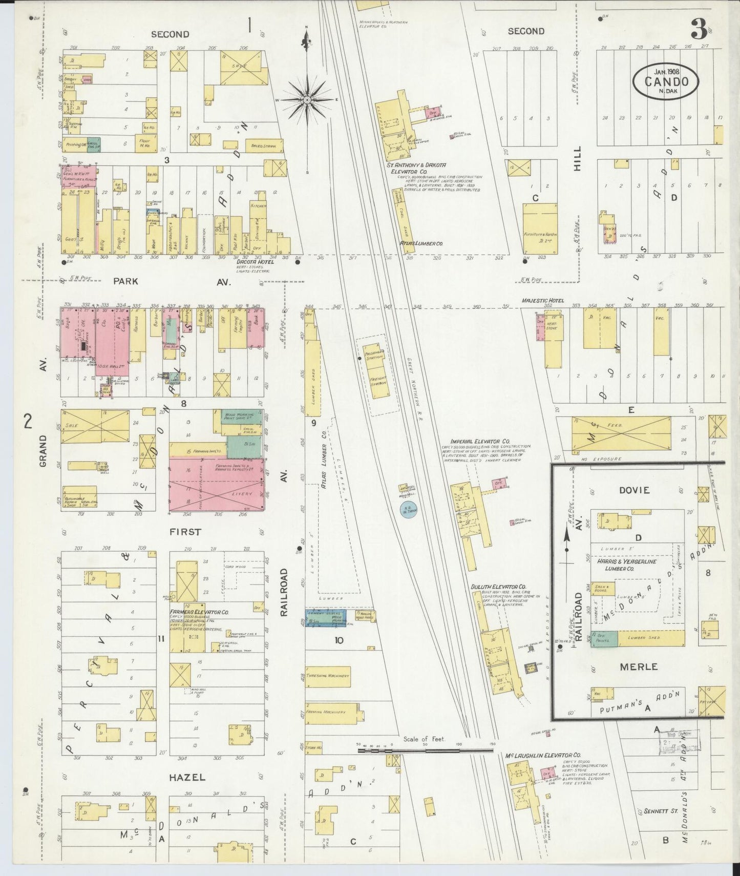 Sanborn Fire Insurance Map from Cando, Towner County, North Dakota (1908), Sheet #0003 - Historic Sanborn Fire Insurance Map Print, vintage old map wall art, antique decor, genealogy gift, North Dakota North Dakota map