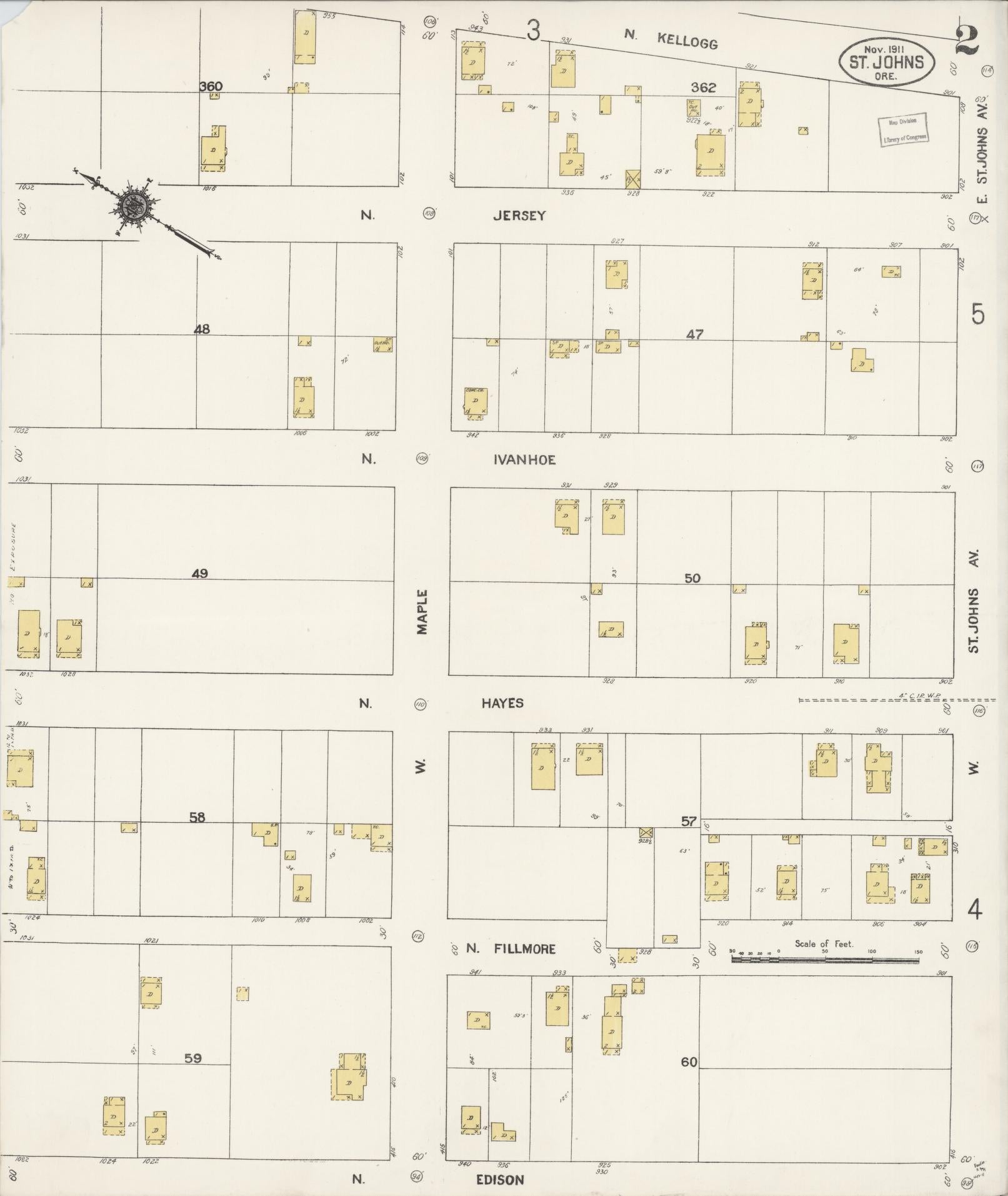 Sanborn Fire Insurance Map from Saint Johns, Multnomah County, Oregon (1911), Sheet #0002 - Complete Map Set gallery image, historic Sanborn map, vintage wall art, Oregon Oregon