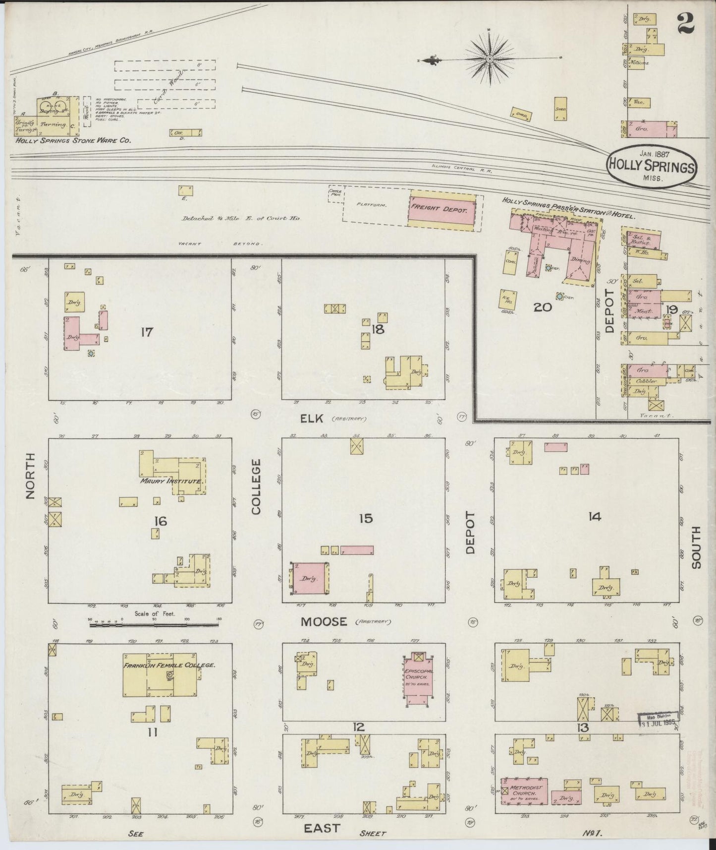 Sanborn Fire Insurance Map from Holly Springs, Marshall County, Mississippi (1887), Sheet #0002 - Historic Sanborn Fire Insurance Map Print, vintage old map wall art, antique decor, genealogy gift, Mississippi Mississippi map