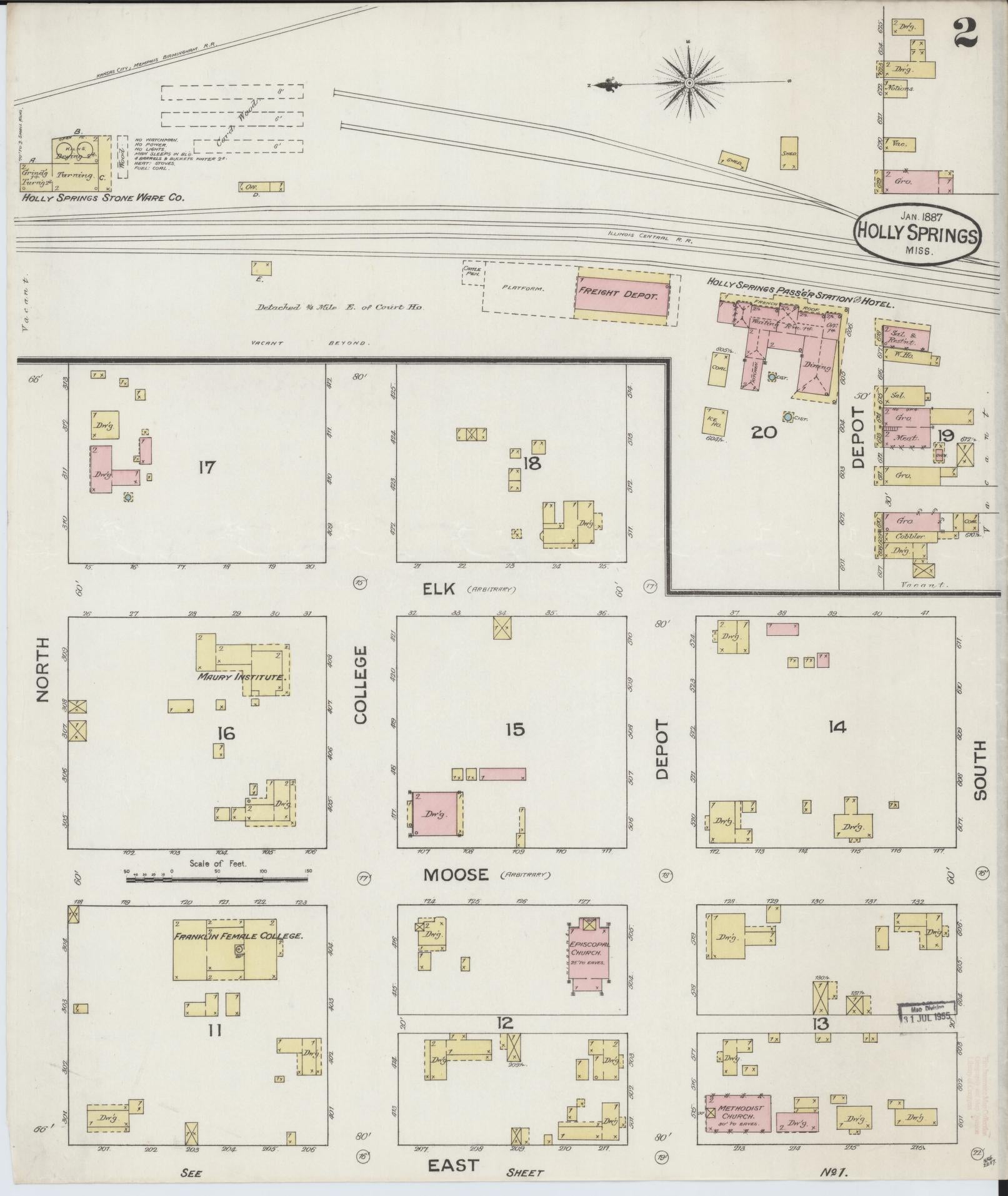 Sanborn Fire Insurance Map from Holly Springs, Marshall County, Mississippi (1887), Sheet #0002 - Historic Sanborn Fire Insurance Map Print, vintage old map wall art, antique decor, genealogy gift, Mississippi Mississippi map