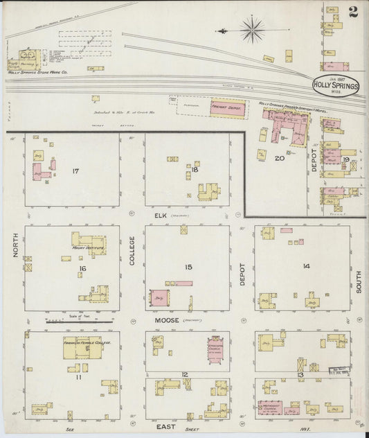 Sanborn Fire Insurance Map from Holly Springs, Marshall County, Mississippi (1887), Sheet #0002 - Historic Sanborn Fire Insurance Map Print, vintage old map wall art, antique decor, genealogy gift, Mississippi Mississippi map