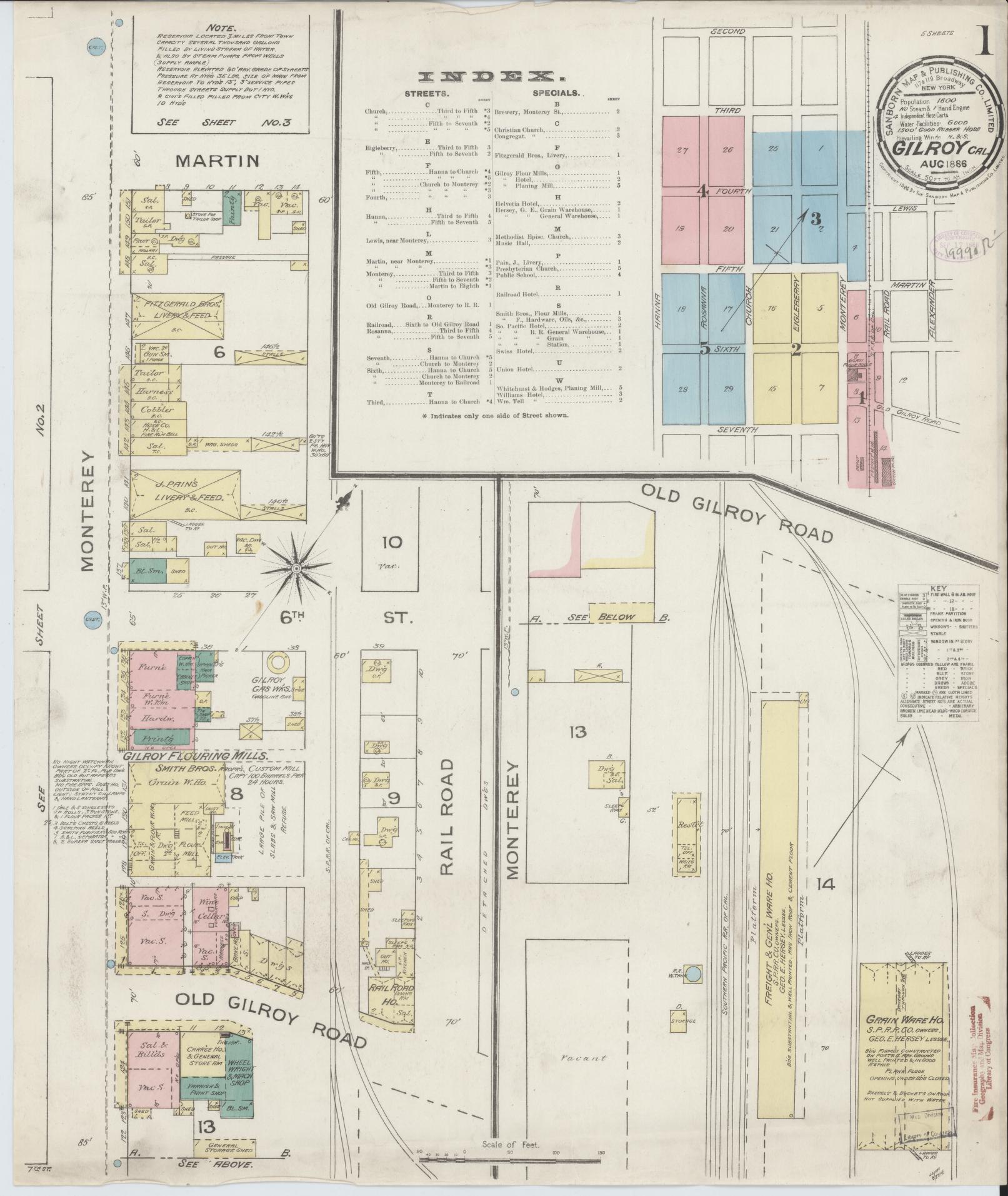 Sanborn Fire Insurance Map from Gilroy, Santa Clara County, California (1886), Sheet #0001 - Historic Sanborn Fire Insurance Map Print, vintage old map wall art, antique decor, genealogy gift, California California map