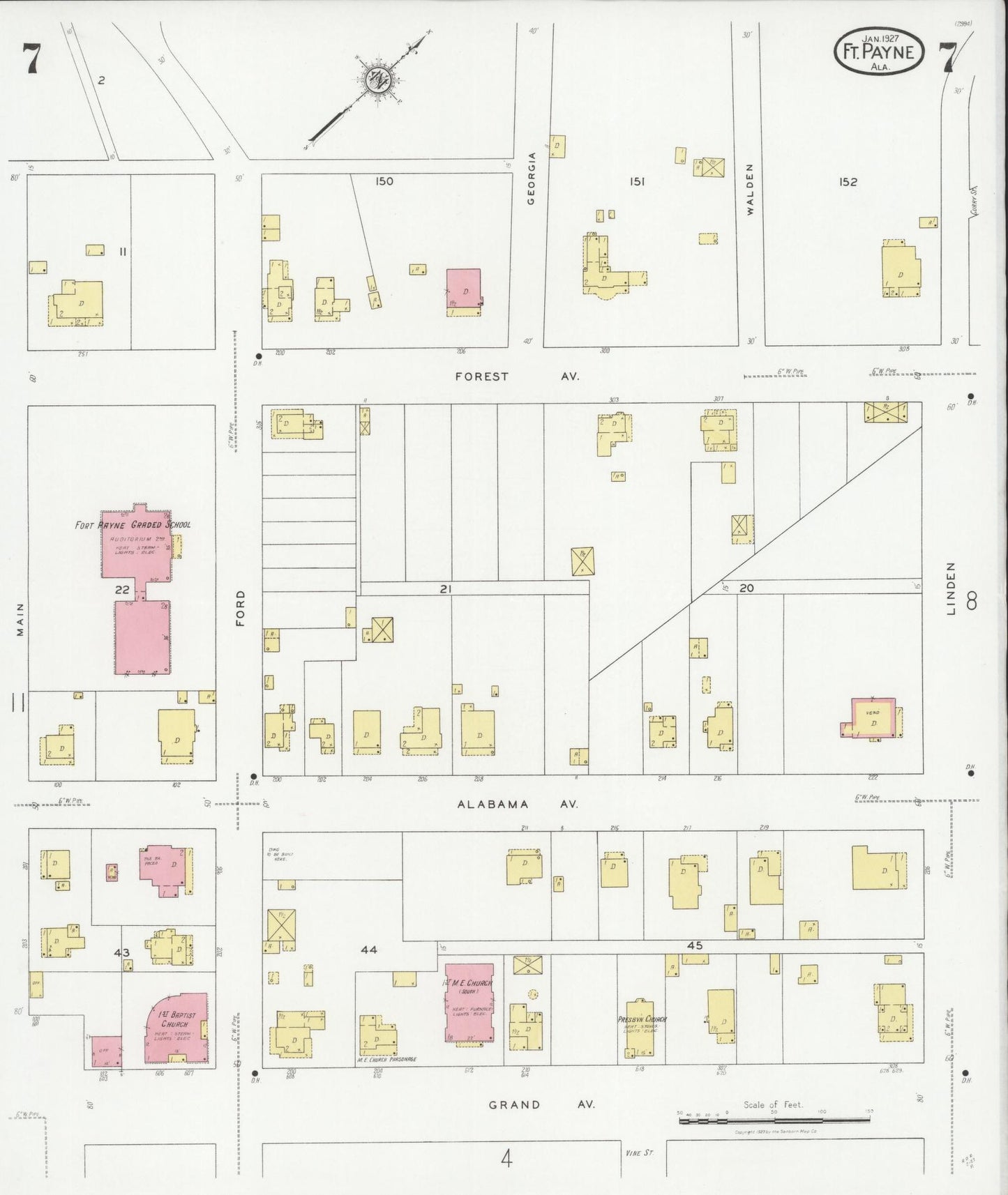 Sanborn Fire Insurance Map from Fort Payne, Dekalb County, Alabama (1927), Sheet #0007 - Historic Sanborn Fire Insurance Map Print, vintage old map wall art, antique decor, genealogy gift, Alabama Alabama map