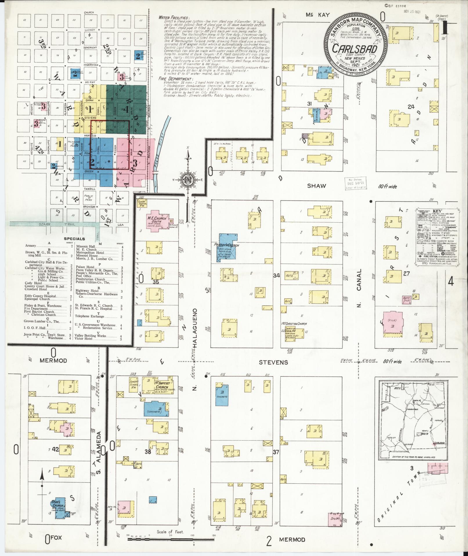 Sanborn Fire Insurance Map from Carlsbad, Eddy County, New Mexico (1921), Sheet #0001 - Complete Map Set gallery image, historic Sanborn map, vintage wall art, New Mexico New Mexico