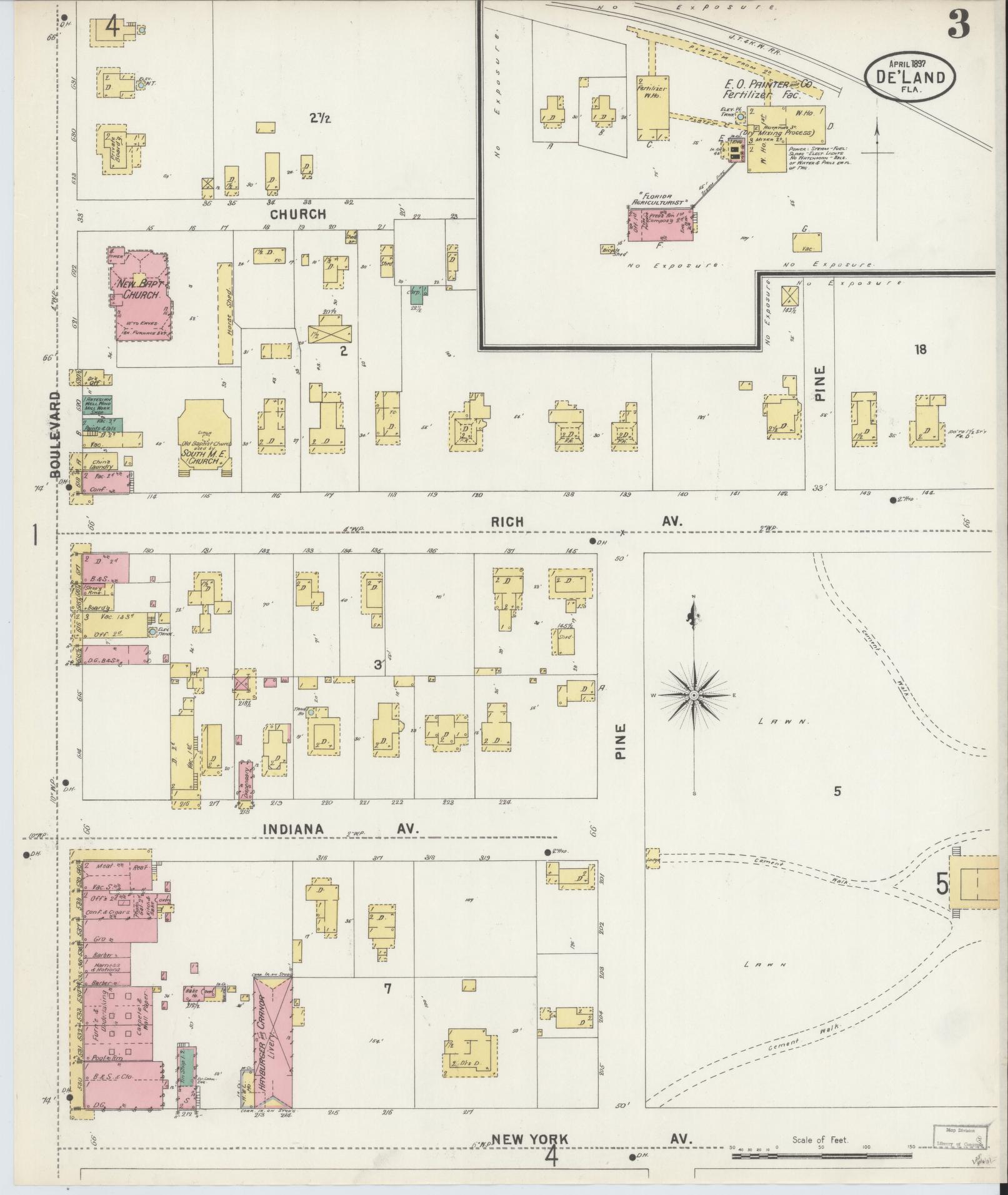 Sanborn Fire Insurance Map from De Land, Volusia County, Florida (1897), Sheet #0003 - Complete Map Set gallery image, historic Sanborn map, vintage wall art, Florida Florida