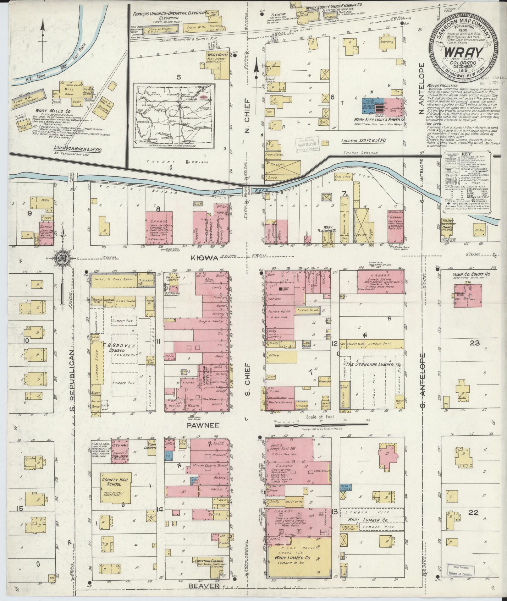 Sanborn Fire Insurance Map from Wray, Yuma County, Colorado (1919), Sheet #0001 - Historic Sanborn Fire Insurance Map Print, vintage old map wall art, antique decor, genealogy gift, Colorado Colorado map