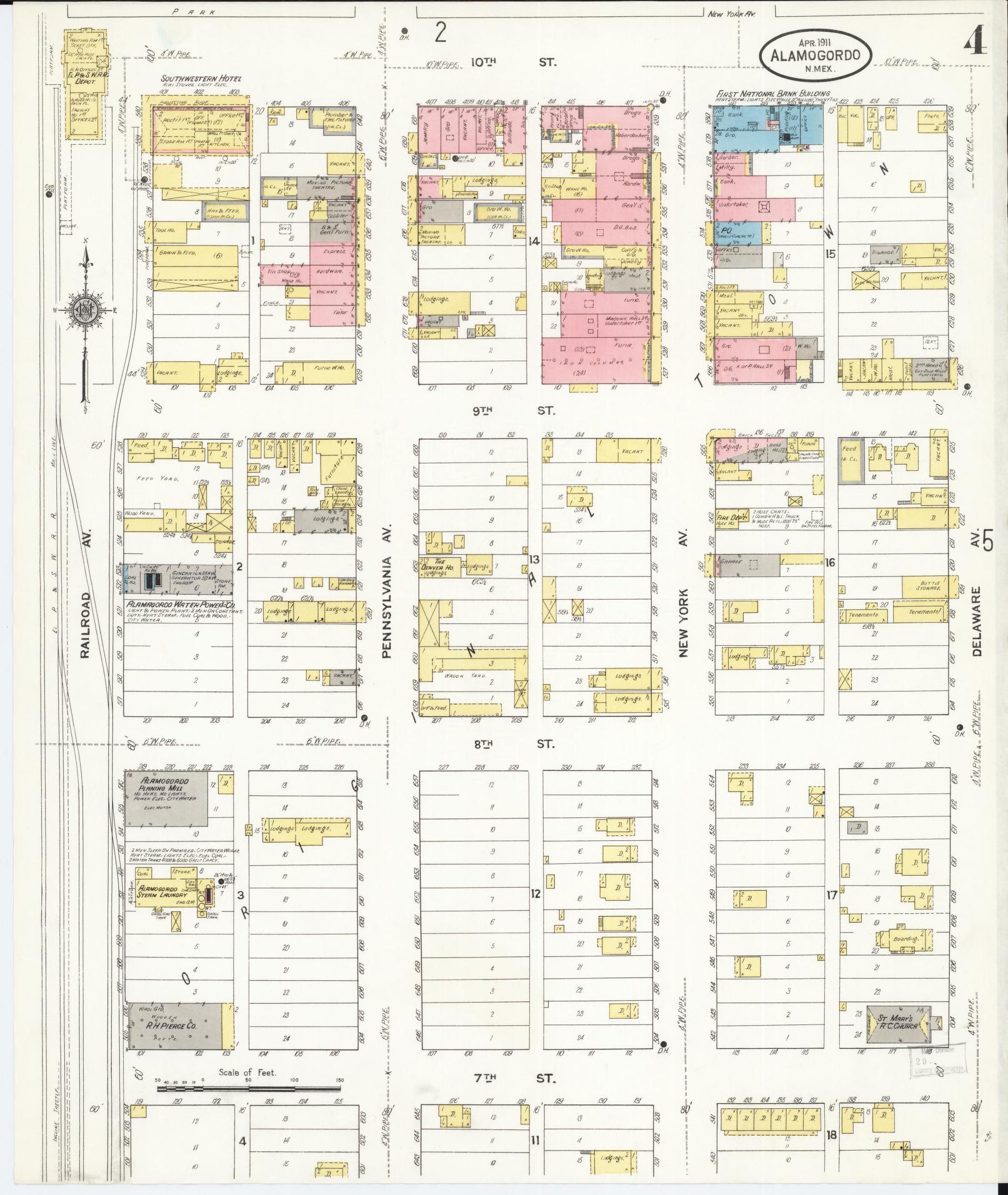 Sanborn Fire Insurance Map from Alamogordo, Otero County, New Mexico (1911), Sheet #0004 - Historic Sanborn Fire Insurance Map Print, vintage old map wall art, antique decor, genealogy gift, New Mexico New Mexico map