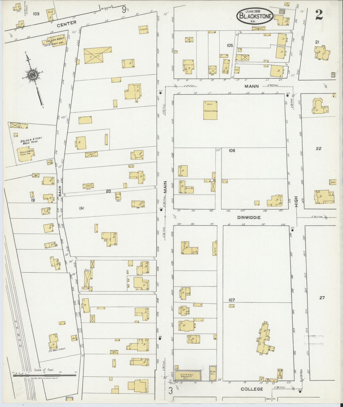 Sanborn Fire Insurance Map from Blackstone, Nottoway County, Virginia (1919), Sheet #0002 - Complete Map Set gallery image, historic Sanborn map, vintage wall art, Virginia Virginia