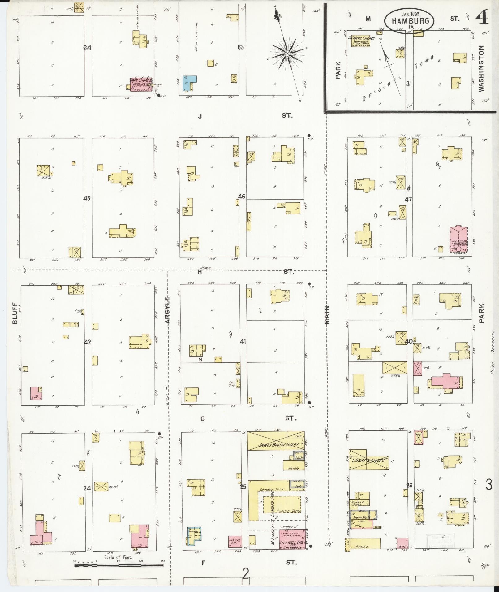 Sanborn Fire Insurance Map from Hamburg, Fremont County, Iowa (1899), Sheet #0004 - Historic Sanborn Fire Insurance Map Print, vintage old map wall art