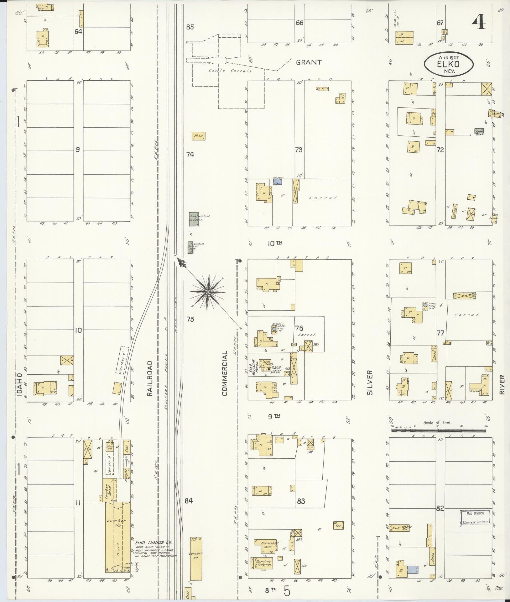 Sanborn Fire Insurance Map from Elko, Elko County, Nevada (1907), Sheet #0004 - Historic Sanborn Fire Insurance Map Print, vintage old map wall art, antique decor, genealogy gift, Nevada Nevada map
