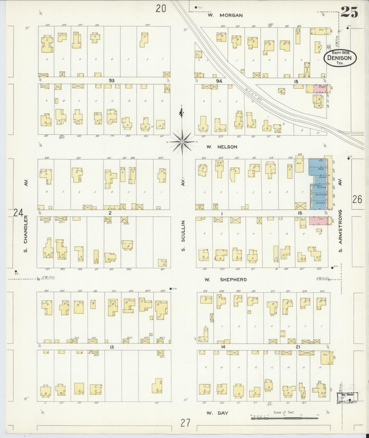 Sanborn Fire Insurance Map from Denison, Grayson County, Texas (1908), Sheet #0025 - Complete Map Set gallery image, historic Sanborn map, vintage wall art, Texas Texas