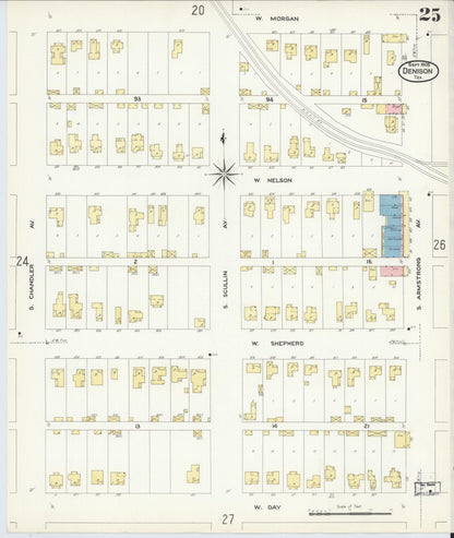 Sanborn Fire Insurance Map from Denison, Grayson County, Texas (1908), Sheet #0025 - Complete Map Set gallery image, historic Sanborn map, vintage wall art, Texas Texas