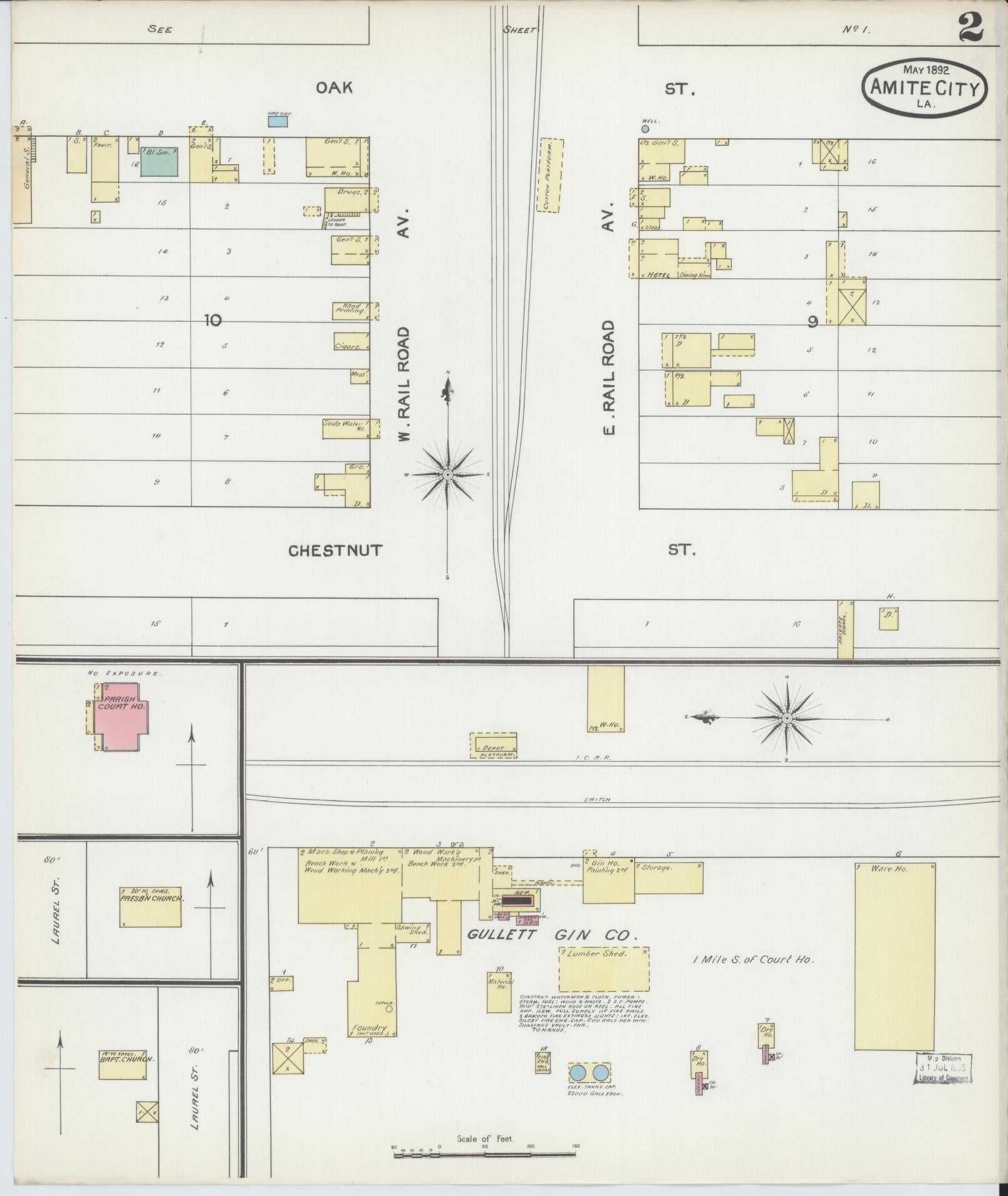 Sanborn Fire Insurance Map from Amite, Tangipahoa Parish, Louisiana (1892), Sheet #0002 - Historic Sanborn Fire Insurance Map Print, vintage old map wall art, antique decor, genealogy gift, Louisiana Louisiana map