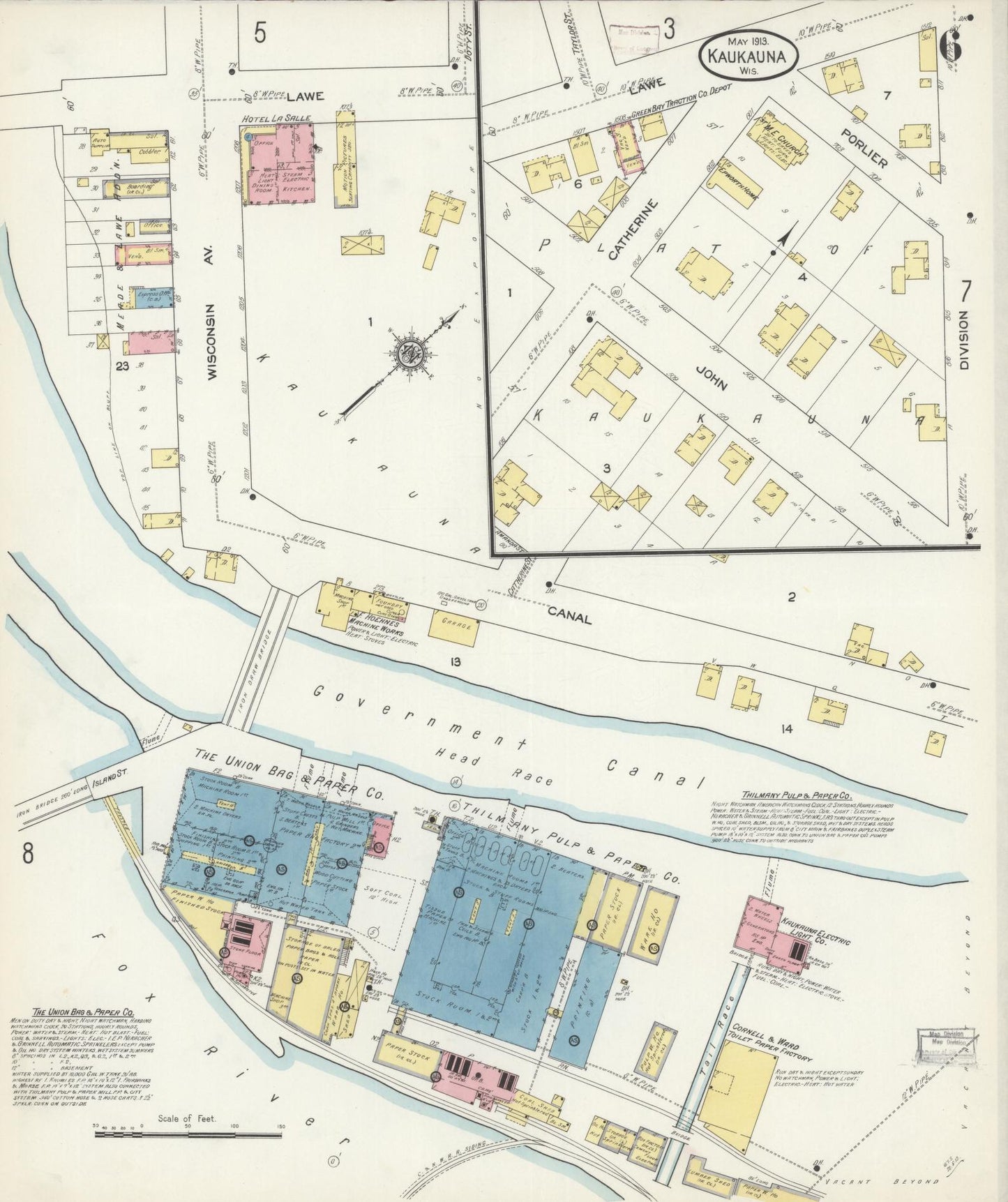 Sanborn Fire Insurance Map from Kaukauna, Outagamie County, Wisconsin (1913), Sheet #0006 - Historic Sanborn Fire Insurance Map Print, vintage old map wall art, antique decor, genealogy gift, Wisconsin Wisconsin map