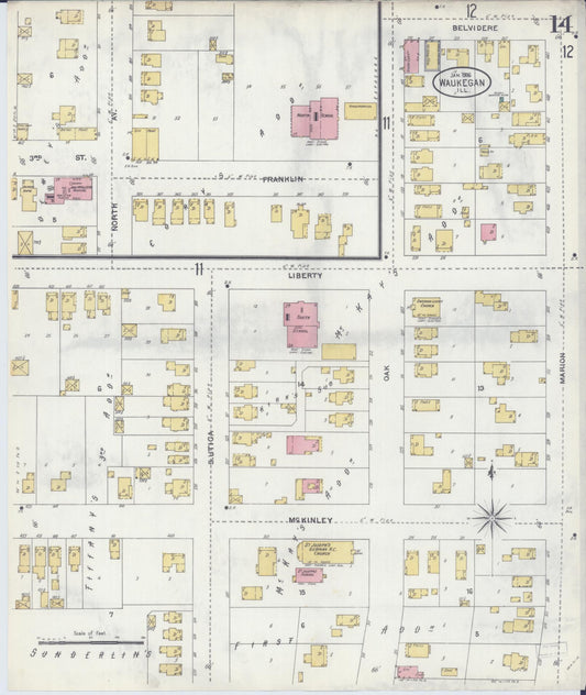 Sanborn Fire Insurance Map from Waukegan, Lake County, Illinois (1906), Sheet #0014 - Historic Sanborn Fire Insurance Map Print, vintage old map wall art, antique decor, genealogy gift, Illinois Illinois map