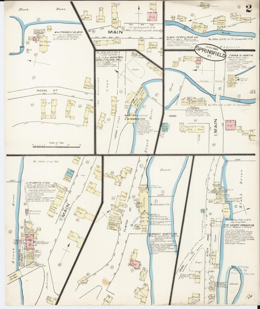 Sanborn Fire Insurance Map from Springfield, Windsor County, Vermont (1885), Sheet #0002 - Historic Sanborn Fire Insurance Map Print, vintage old map wall art, antique decor, genealogy gift, Vermont Vermont map