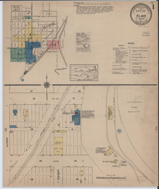 Sanborn Fire Insurance Map from Alma, Wabaunsee County, Kansas (1922), Sheet #0001 - Historic Sanborn Fire Insurance Map Print, vintage old map wall art, antique decor, genealogy gift, Kansas Kansas map