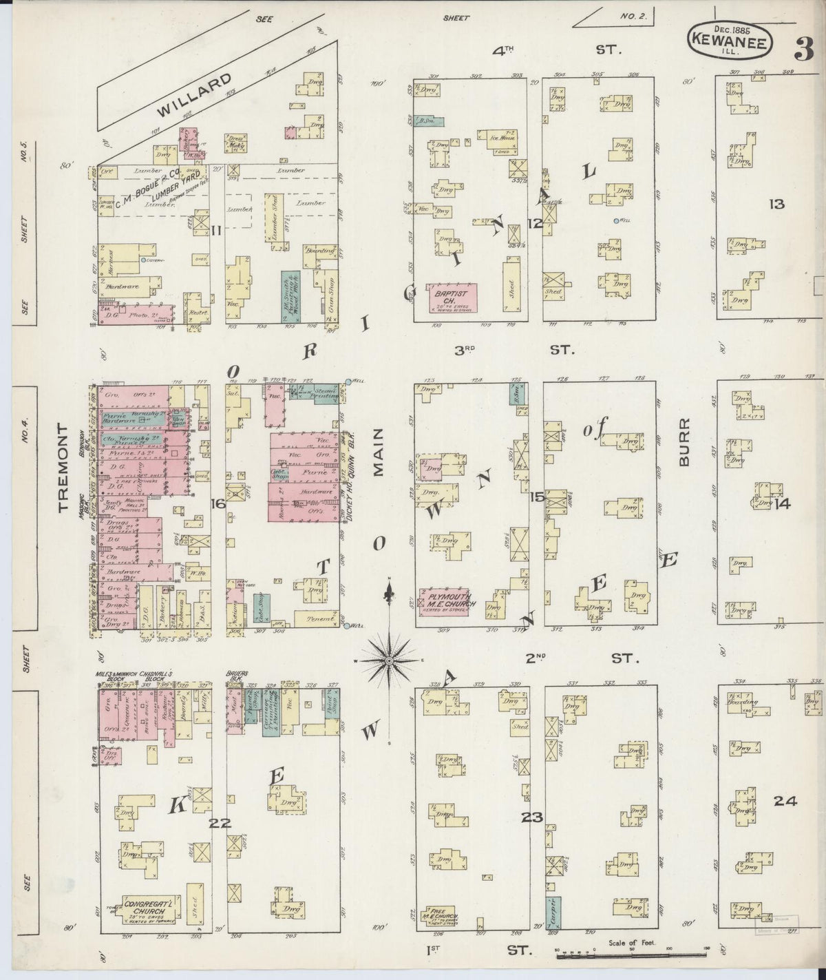 Sanborn Fire Insurance Map from Kewanee, Henry County, Illinois (1885), Sheet #0003 - Complete Map Set gallery image, historic Sanborn map, vintage wall art, Illinois Illinois