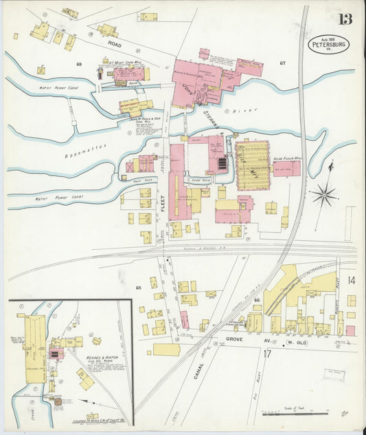 Sanborn Fire Insurance Map from Petersburg, Independent Cities, Virginia (1908), Sheet #0013 - Historic Sanborn Fire Insurance Map Print, vintage old map wall art, antique decor, genealogy gift, Virginia Virginia map