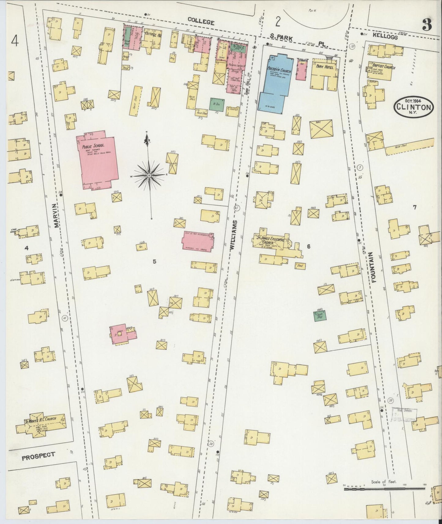 Sanborn Fire Insurance Map from Clinton, Oneida County, New York (1904), Sheet #0003 - Complete Map Set gallery image, historic Sanborn map, vintage wall art, New York New York