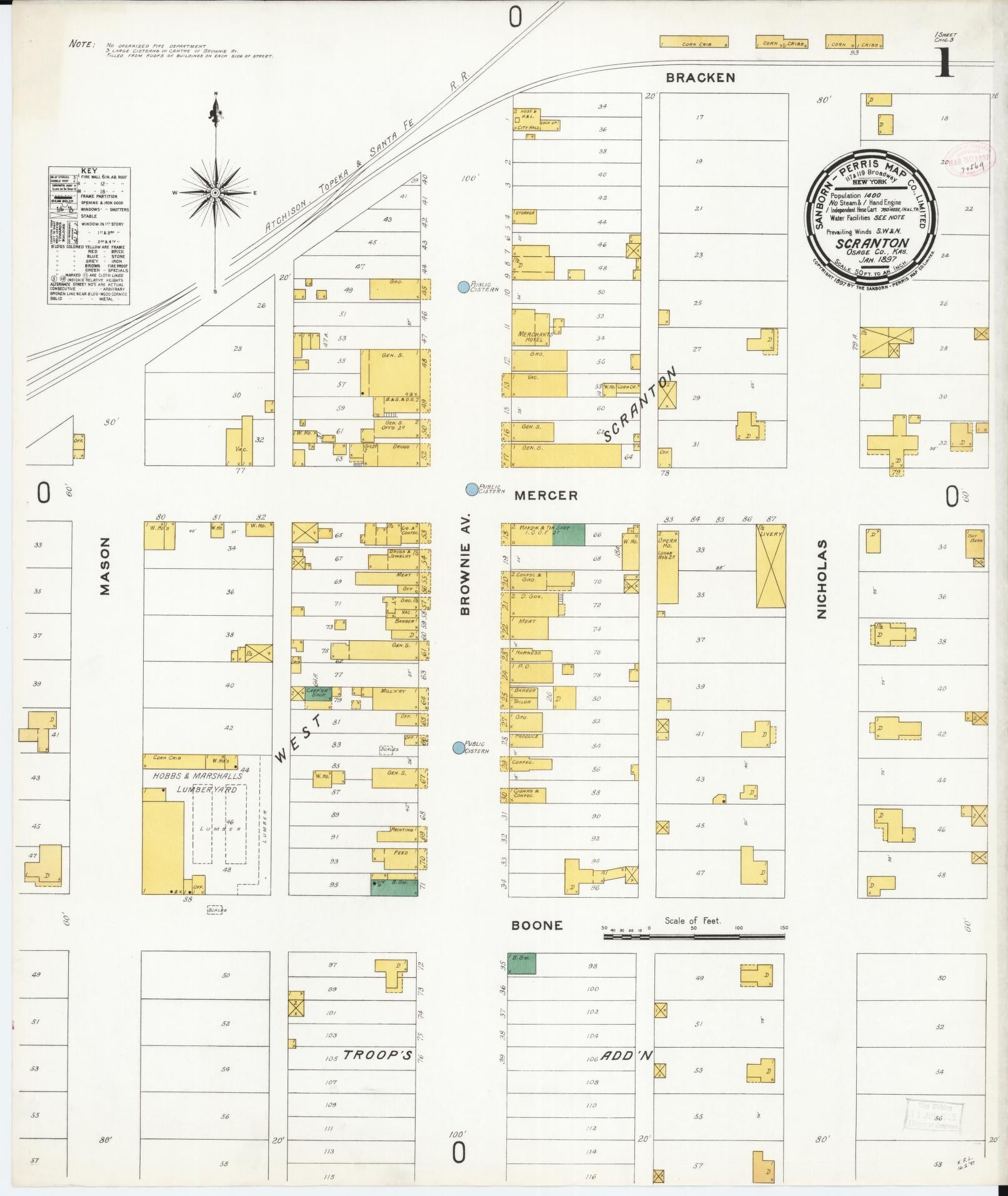 Sanborn Fire Insurance Map from Scranton, Osage County, Kansas (1897), Sheet #0001 - Historic Sanborn Fire Insurance Map Print, vintage old map wall art, antique decor, genealogy gift, Kansas Kansas map