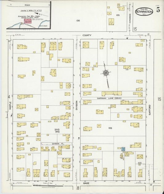 Sanborn Fire Insurance Map from Bennington, Bennington County, Vermont (1921), Sheet #0005 - Historic Sanborn Fire Insurance Map Print, vintage old map wall art, antique decor, genealogy gift, Vermont Vermont map