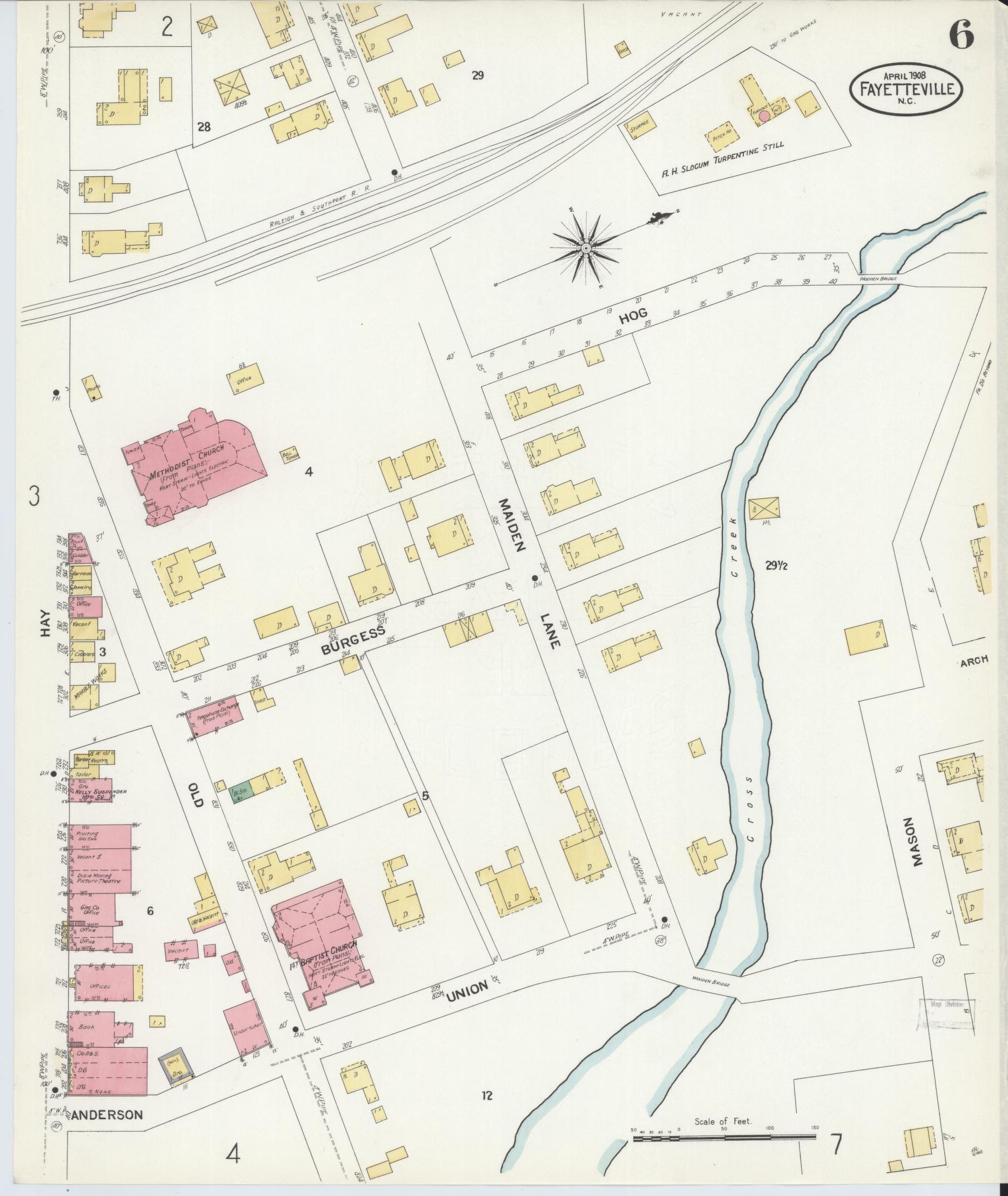 Sanborn Fire Insurance Map from Fayetteville, Cumberland County, North Carolina (1908), Sheet #0006 - Complete Map Set gallery image, historic Sanborn map, vintage wall art, North Carolina North Carolina