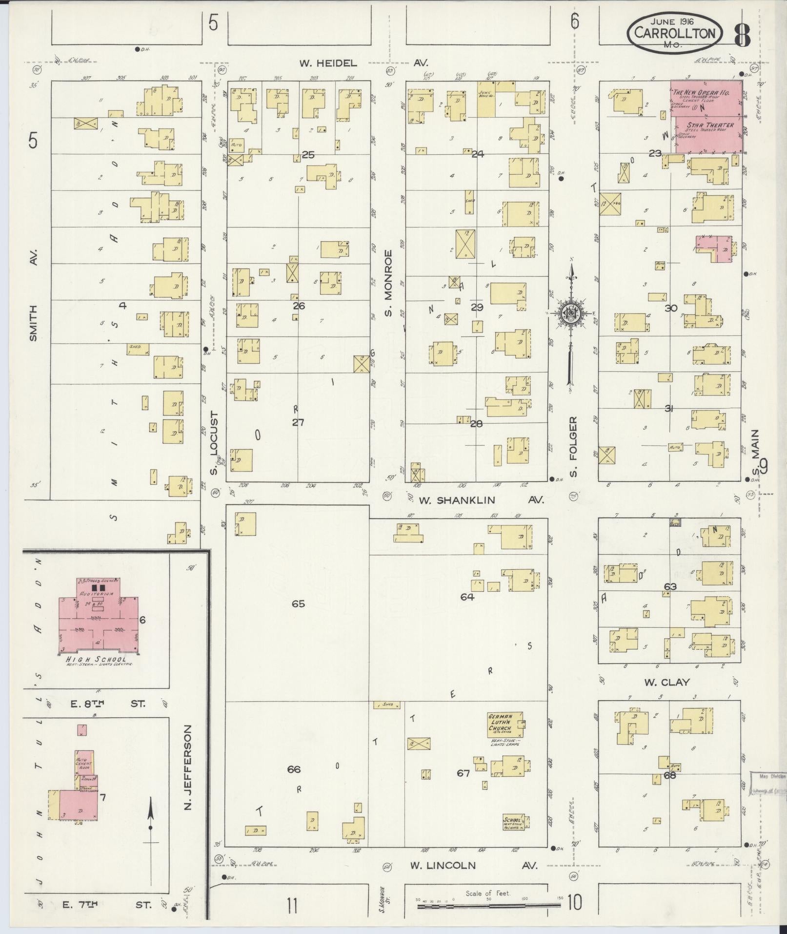 Sanborn Fire Insurance Map from Carrollton, Carroll County, Missouri (1916), Sheet #0008 - Complete Map Set gallery image, historic Sanborn map, vintage wall art, Missouri Missouri