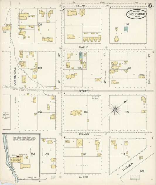 Sanborn Fire Insurance Map from Snohomish, Snohomish County, Washington (1892), Sheet #0006 - Historic Sanborn Fire Insurance Map Print, vintage old map wall art, antique decor, genealogy gift, Washington Washington map