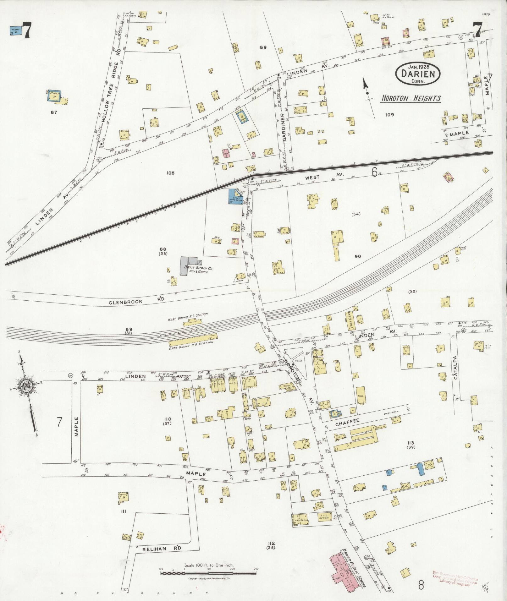 Sanborn Fire Insurance Map from Darien, Fairfield County, Connecticut (1928), Sheet #0007 - Historic Sanborn Fire Insurance Map Print, vintage old map wall art, antique decor, genealogy gift, Connecticut Connecticut map