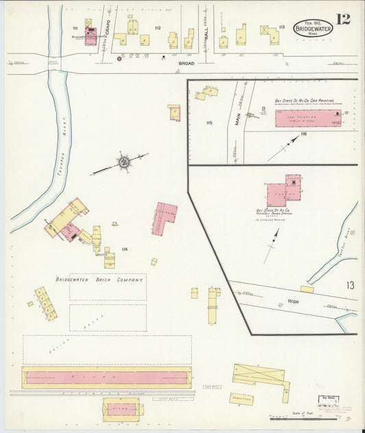 Sanborn Fire Insurance Map from Bridgewater, Plymouth County, Massachusetts (1912), Sheet #0012 - Historic Sanborn Fire Insurance Map Print, vintage old map wall art, antique decor, genealogy gift, Massachusetts Massachusetts map