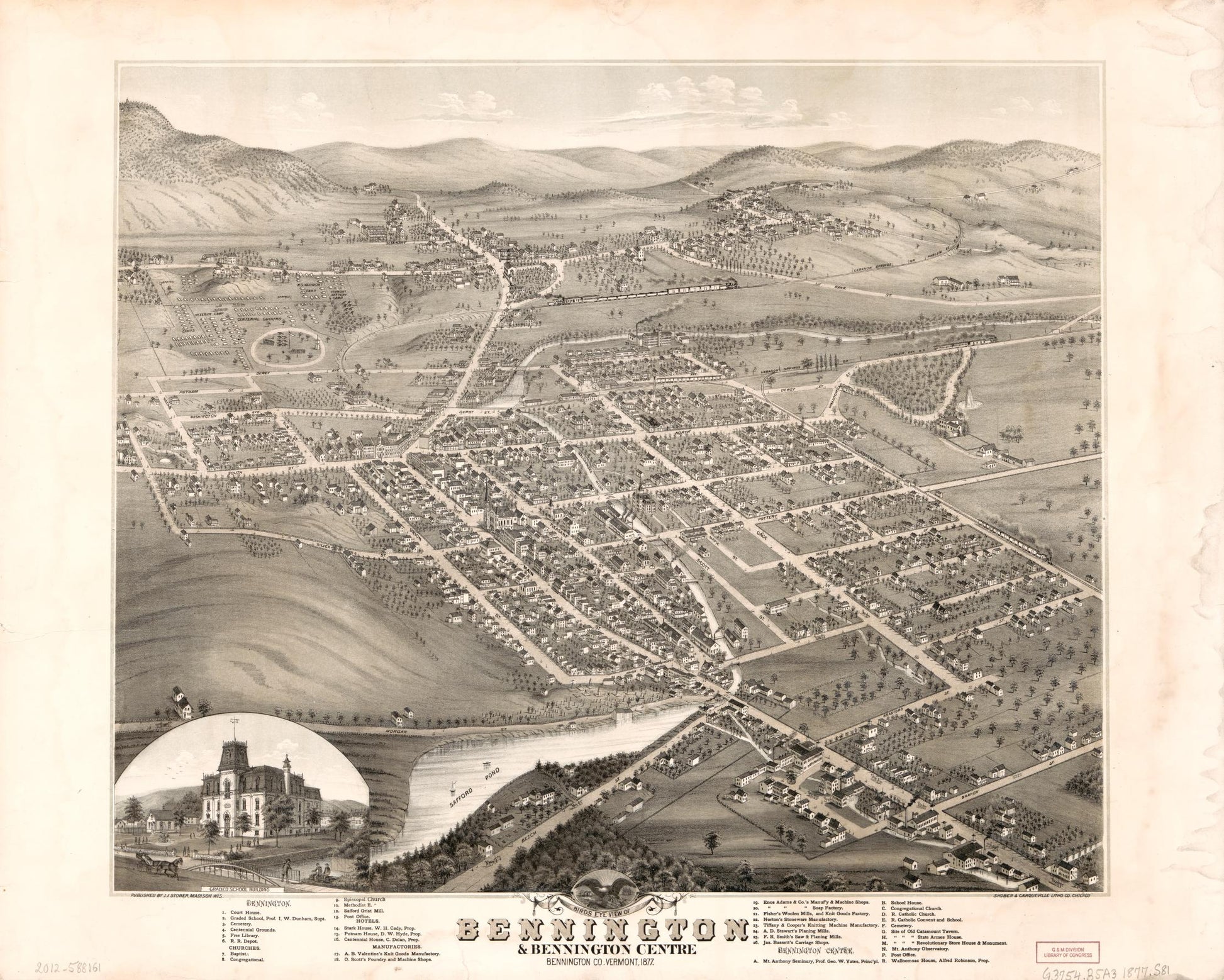 Birds eye view of Bennington & Bennington Centre, Bennington Co., Vermont (1877) – Historic Bird’s-Eye View Panorama Print