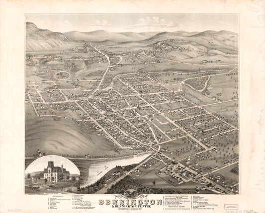 Birds eye view of Bennington & Bennington Centre, Bennington Co., Vermont (1877) – Historic Bird’s-Eye View Panorama Print