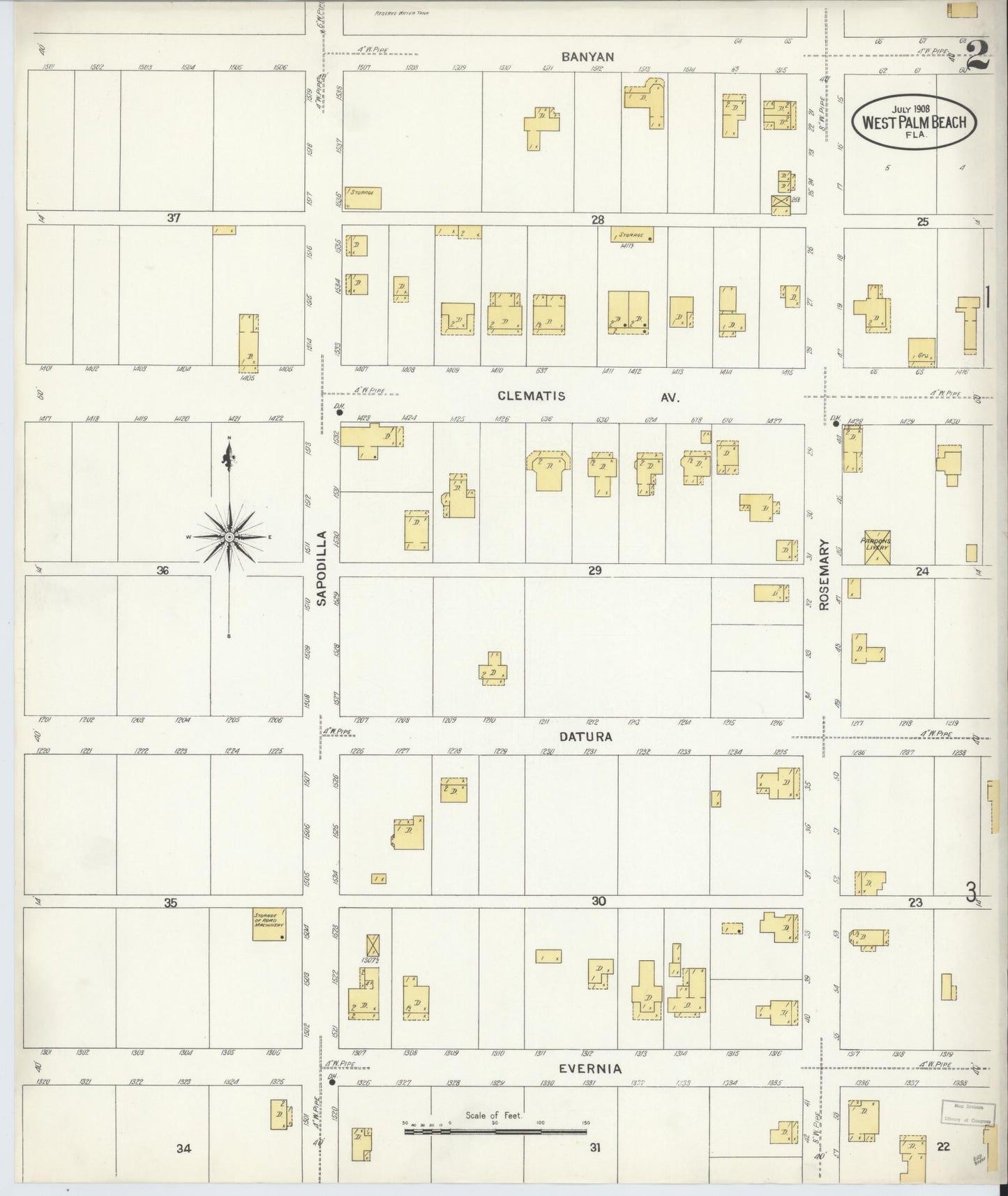 Sanborn Fire Insurance Map from West Palm Beach, Dade County, Florida (1908), Sheet #0002 - Historic Sanborn Fire Insurance Map Print, vintage old map wall art, antique decor, genealogy gift, Florida Florida map