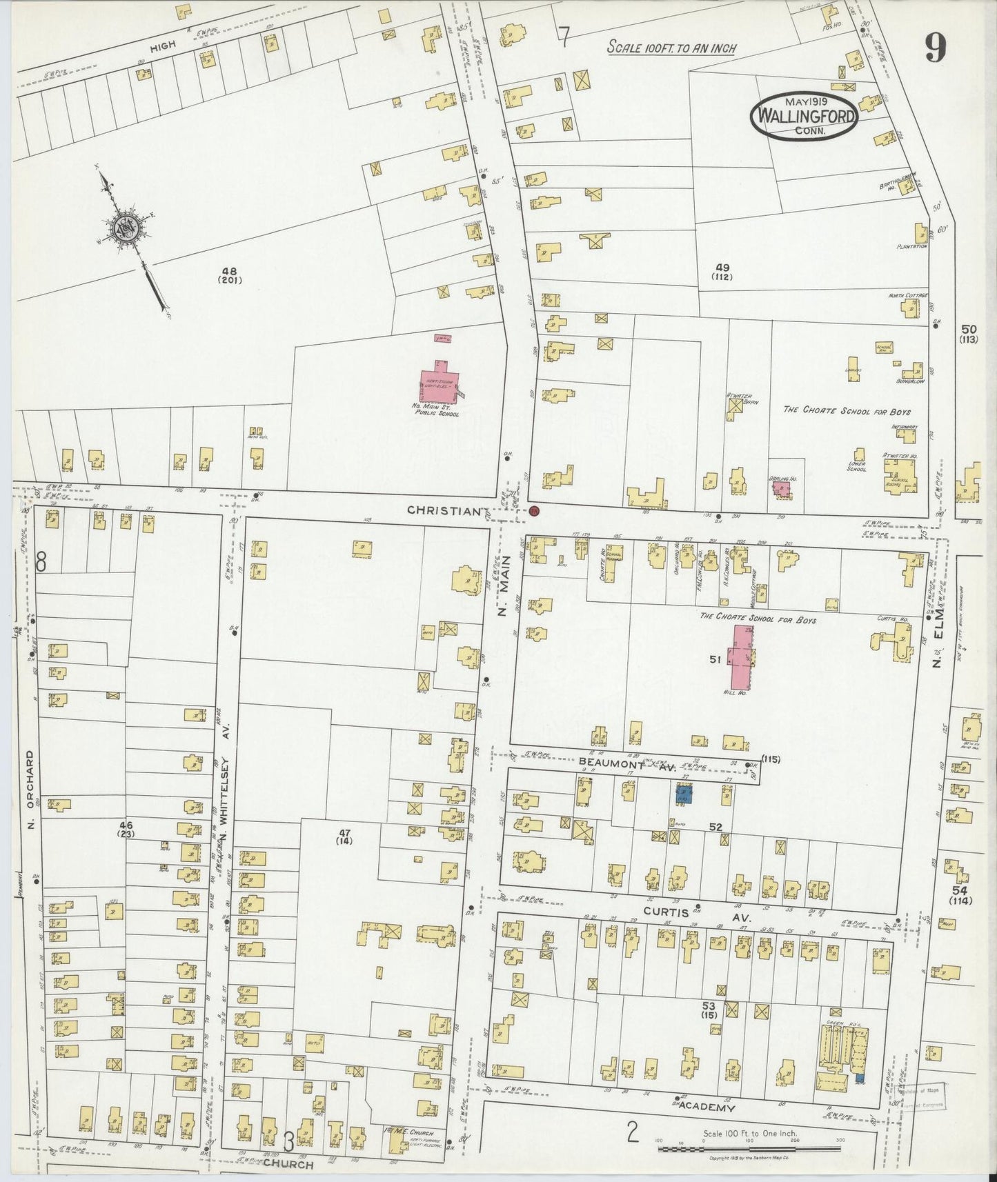 Sanborn Fire Insurance Map from Wallingford, New Haven County, Connecticut (1919), Sheet #0009 - Complete Map Set gallery image, historic Sanborn map, vintage wall art, Connecticut Connecticut