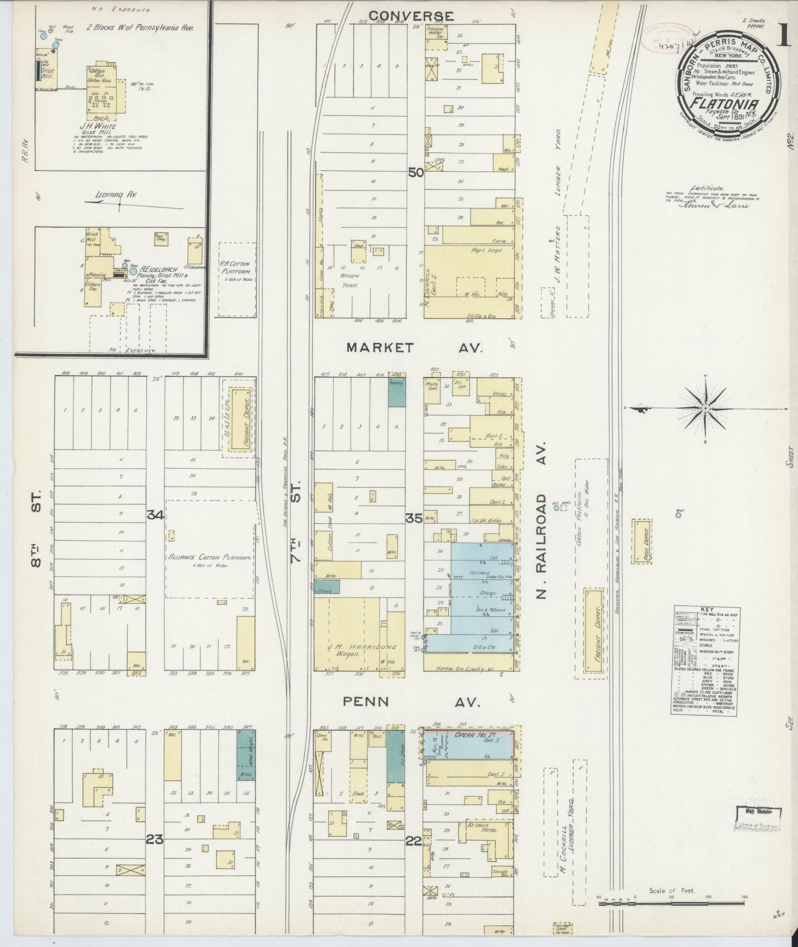 Sanborn Fire Insurance Map from Flatonia, Fayette County, Texas. (1891) – Historic Sanborn Fire Insurance Map Print