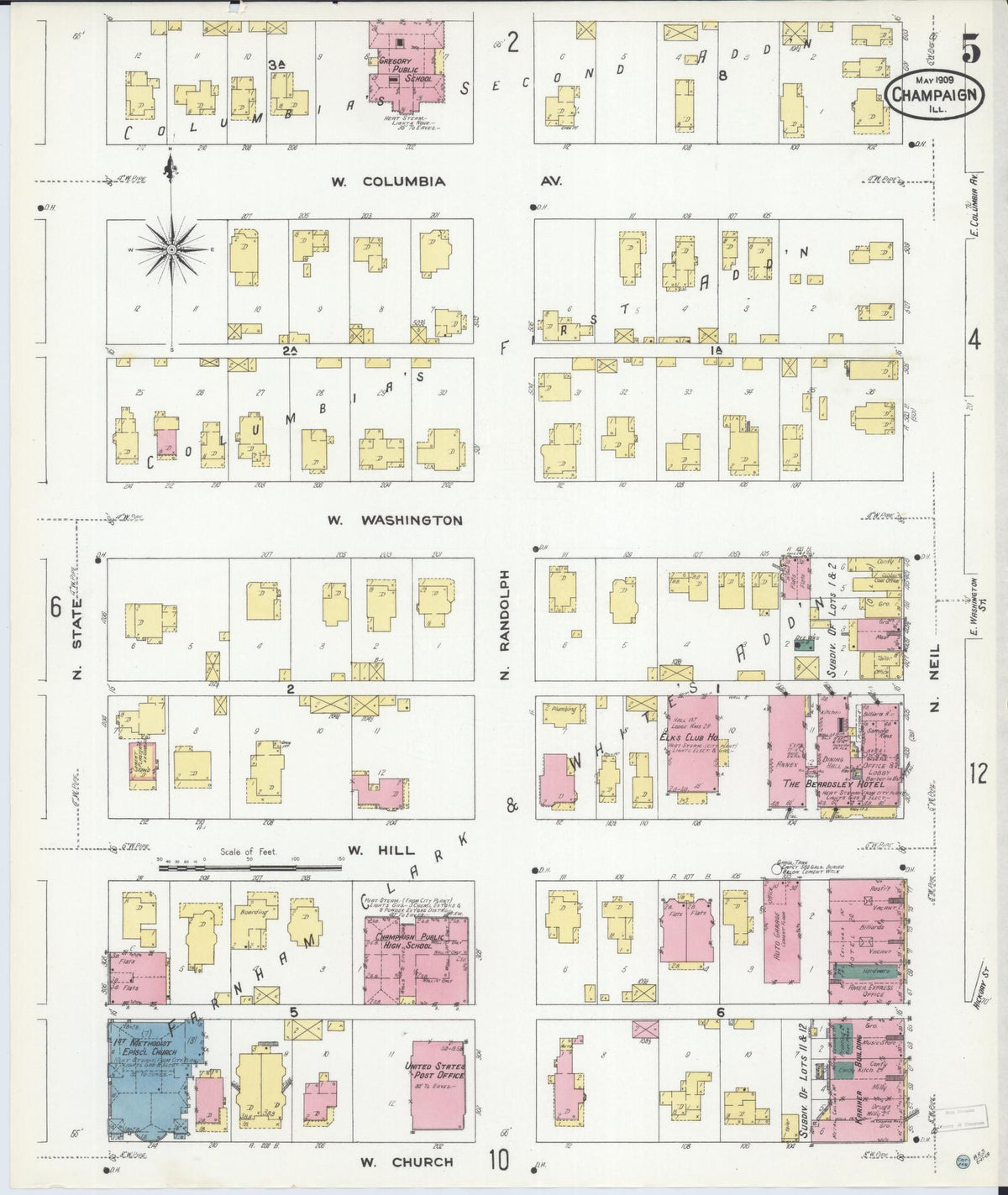 Sanborn Fire Insurance Map from Champaign, Champaign County, Illinois (1909), Sheet #0005 - Historic Sanborn Fire Insurance Map Print, vintage old map wall art, antique decor, genealogy gift, Illinois Illinois map