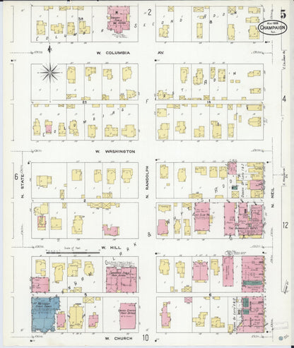 Sanborn Fire Insurance Map from Champaign, Champaign County, Illinois (1909), Sheet #0005 - Historic Sanborn Fire Insurance Map Print, vintage old map wall art, antique decor, genealogy gift, Illinois Illinois map