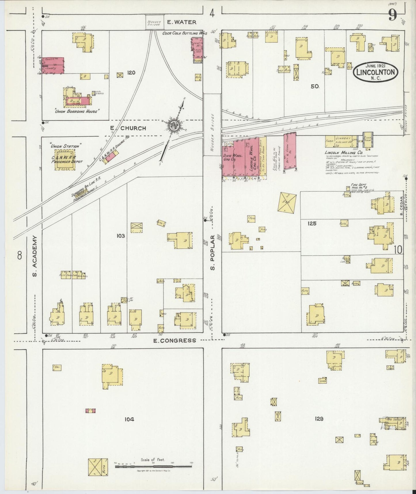 Sanborn Fire Insurance Map from Lincolnton, Lincoln County, North Carolina (1921), Sheet #0009 - Historic Sanborn Fire Insurance Map Print, vintage old map wall art, antique decor, genealogy gift, North Carolina North Carolina map