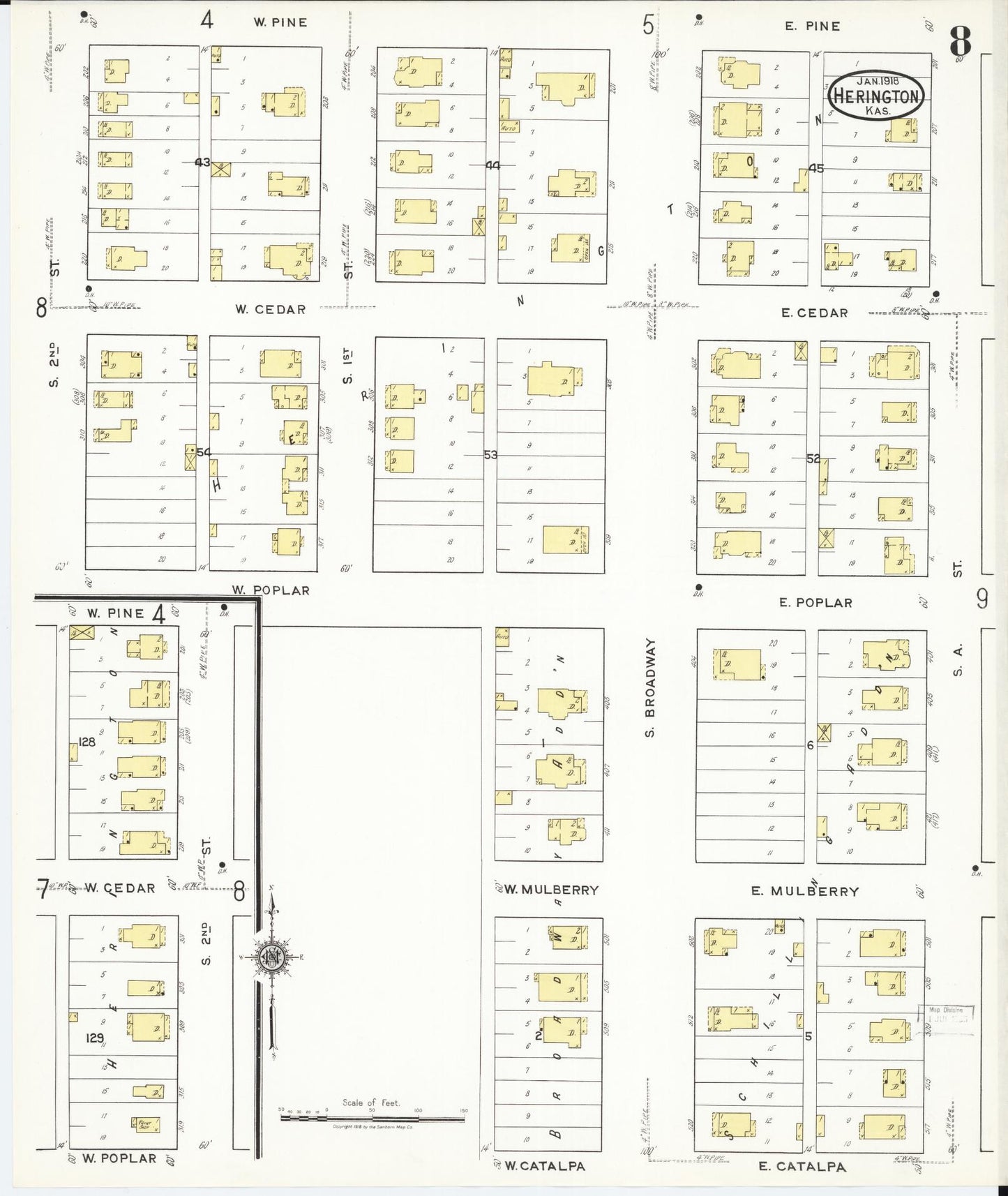 Sanborn Fire Insurance Map from Herington, Dickinson County, Kansas (1918), Sheet #0008 - Complete Map Set gallery image, historic Sanborn map, vintage wall art, Kansas Kansas