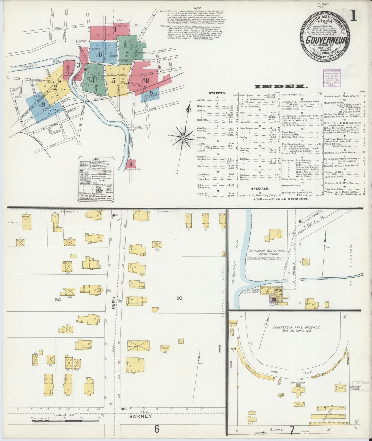 Sanborn Fire Insurance Map from Gouverneur, Saint Lawrence County, New York (1905), Sheet #0001 - Historic Sanborn Fire Insurance Map Print, vintage old map wall art, antique decor, genealogy gift, New York New York map