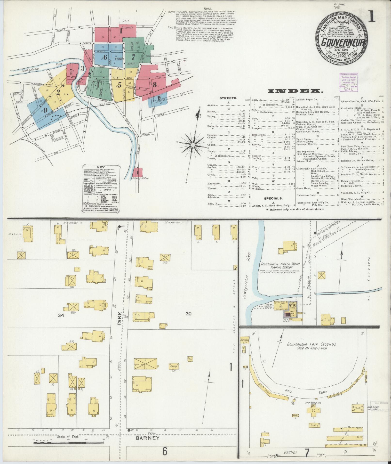 Sanborn Fire Insurance Map from Gouverneur, Saint Lawrence County, New York (1905), Sheet #0001 - Historic Sanborn Fire Insurance Map Print, vintage old map wall art, antique decor, genealogy gift, New York New York map