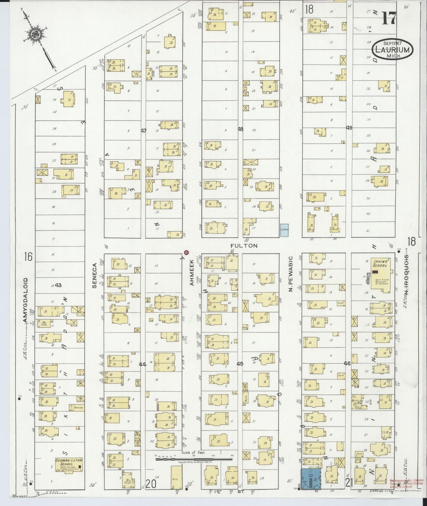 Sanborn Fire Insurance Map from Laurium, Houghton County, Michigan (1917), Sheet #0017 - Historic Sanborn Fire Insurance Map Print, vintage old map wall art, antique decor, genealogy gift, Michigan Michigan map