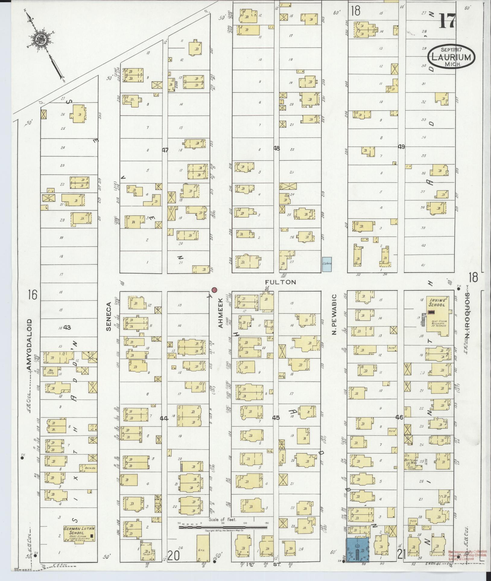 Sanborn Fire Insurance Map from Laurium, Houghton County, Michigan (1917), Sheet #0017 - Historic Sanborn Fire Insurance Map Print, vintage old map wall art, antique decor, genealogy gift, Michigan Michigan map