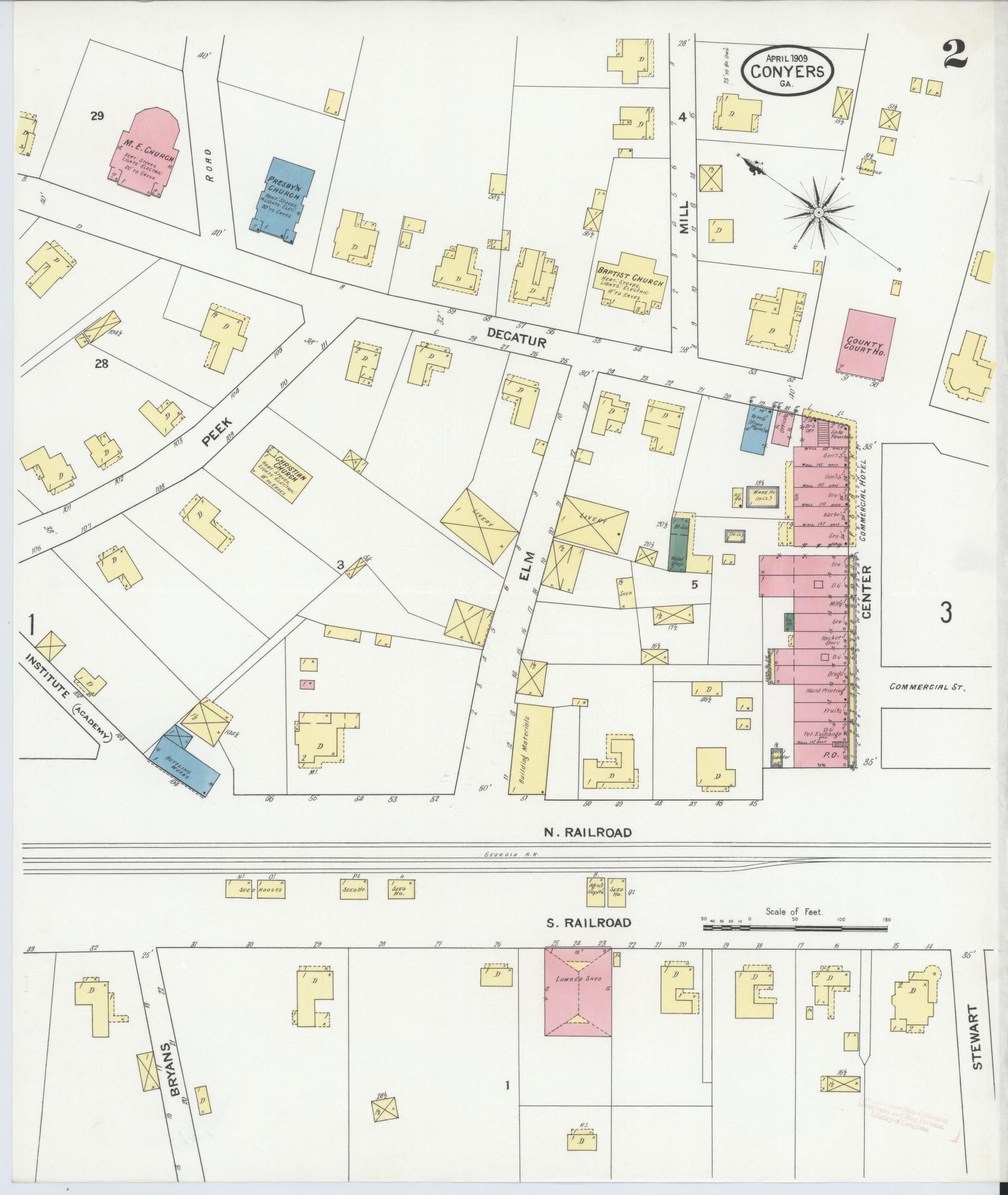 Sanborn Fire Insurance Map from Conyers, Rockdale County, Georgia (1909), Sheet #0002 - Historic Sanborn Fire Insurance Map Print, vintage old map wall art, antique decor, genealogy gift, Georgia Georgia map