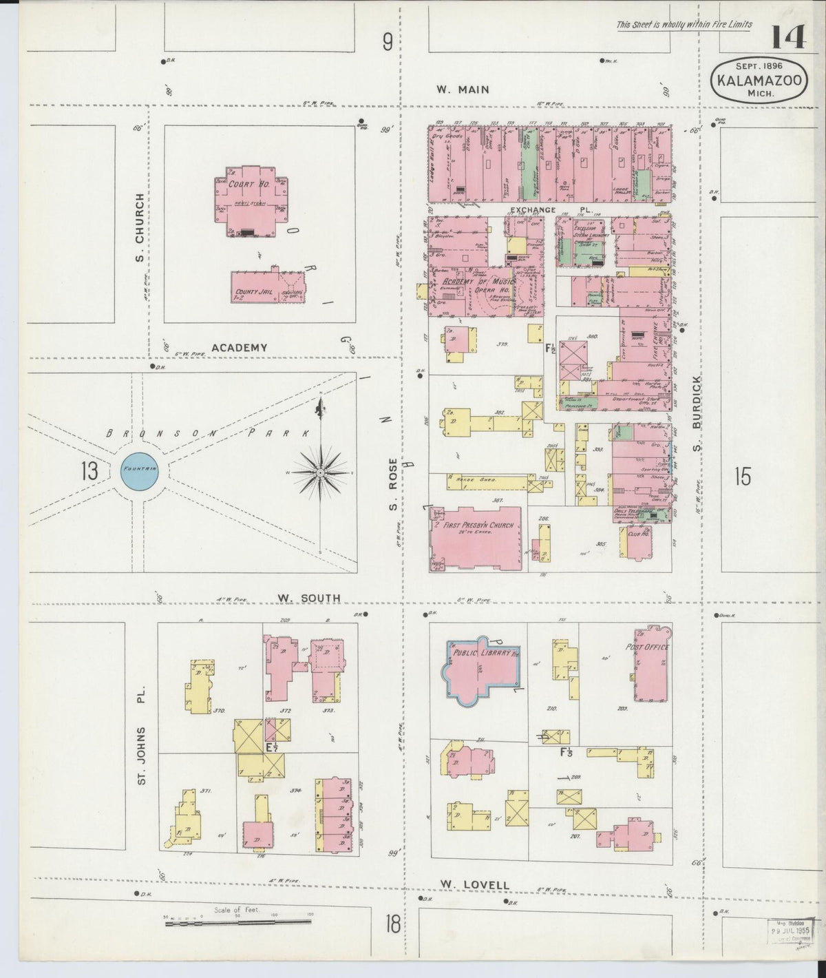 Sanborn Fire Insurance Map from Kalamazoo, Kalamazoo County, Michigan (1896), Sheet #0014 - Historic Sanborn Fire Insurance Map Print, vintage old map wall art, antique decor, genealogy gift, Michigan Michigan map