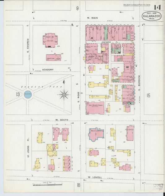 Sanborn Fire Insurance Map from Kalamazoo, Kalamazoo County, Michigan (1896), Sheet #0014 - Historic Sanborn Fire Insurance Map Print, vintage old map wall art, antique decor, genealogy gift, Michigan Michigan map