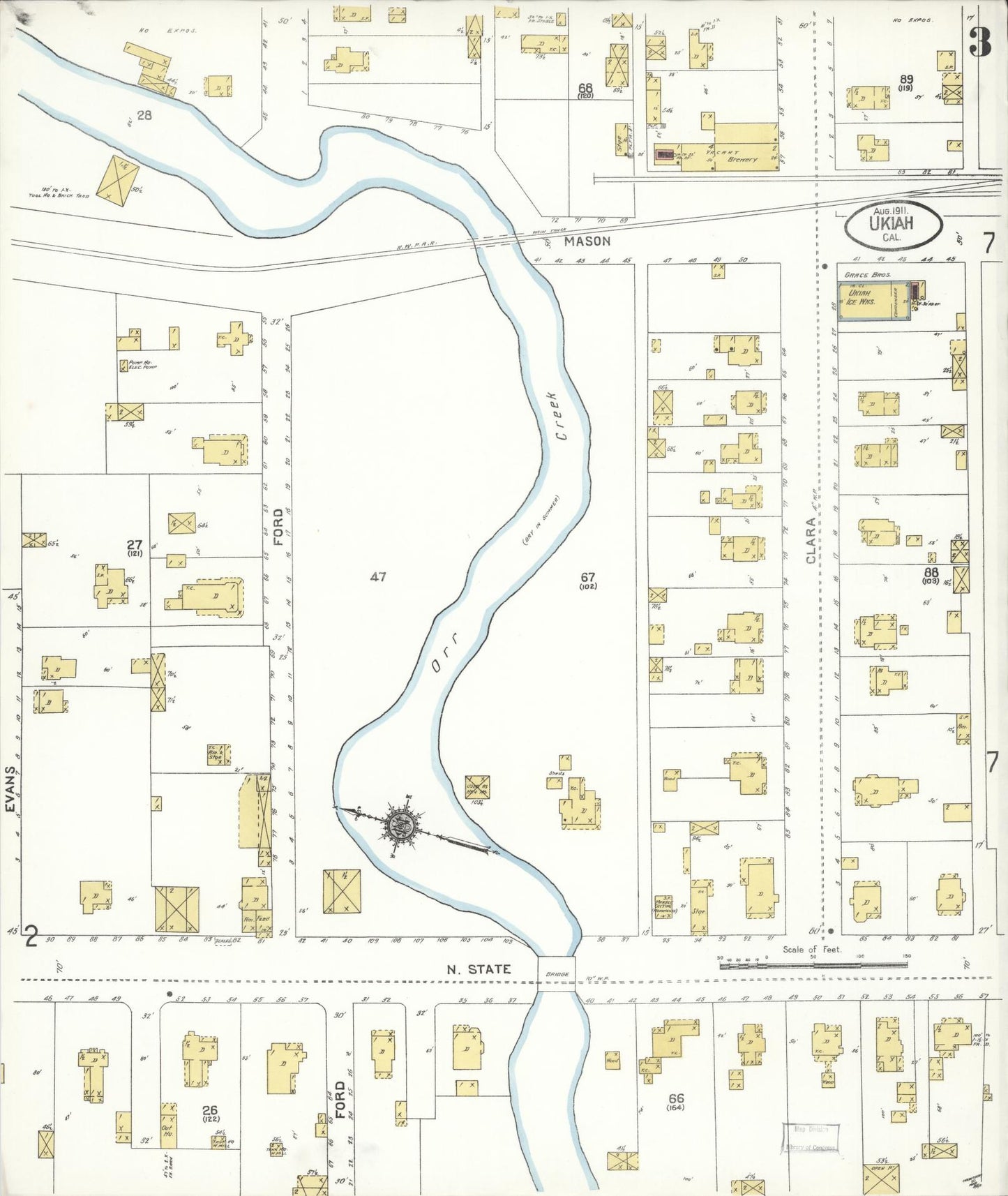 Sanborn Fire Insurance Map from Ukiah, Mendocino County, California (1911), Sheet #0003 - Complete Map Set gallery image, historic Sanborn map, vintage wall art, California California