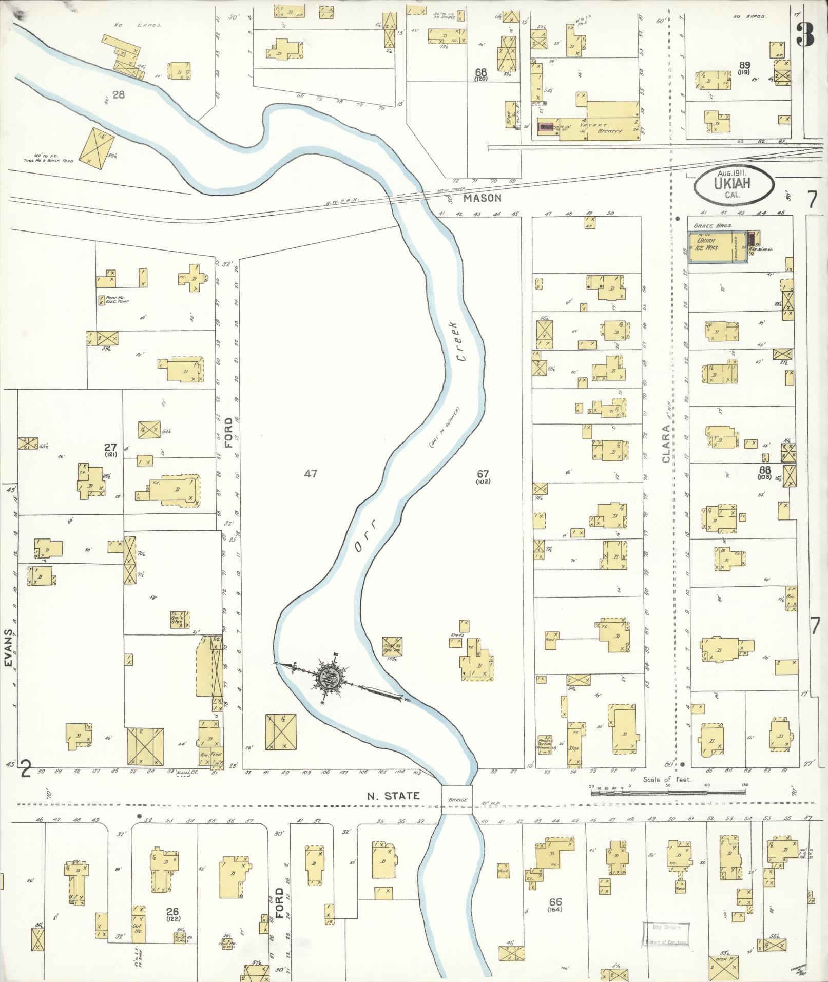 Sanborn Fire Insurance Map from Ukiah, Mendocino County, California (1911), Sheet #0003 - Complete Map Set gallery image, historic Sanborn map, vintage wall art, California California